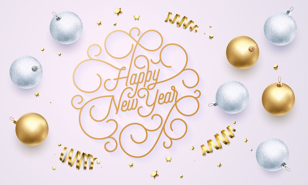 Happy New Year Font Text Flourish Golden Calligraphy Lettering Of Swash Gold Typography For Xmas Greeting Card Design. Vector Golden Decoration And Christmas Confetti On Holiday Black Background