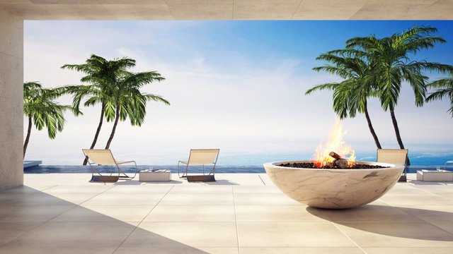 Burning flame feature on an outdoor patio