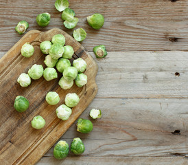 Brussels sprouts on a wooden board