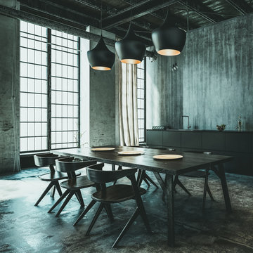 Modern industrial loft conversion dining area