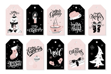 vector set of christmas greeting tags with hand lettering phrases and decorative elements and characters