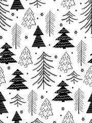 vector seamless winter pattern from doodle hand drawn winter trees and snowflakes