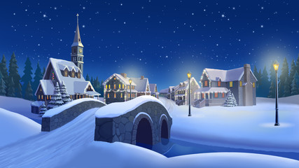 Christmas town background 2. Small town with river,  Church, houses decorated with festive lights.