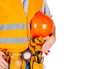 torso engineer or worker hand holding orange helmet for workers.