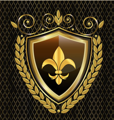 Gold shield emblem, with flower abstract icon