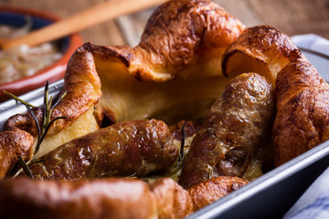 Sausages in Yorkshire pudding batter