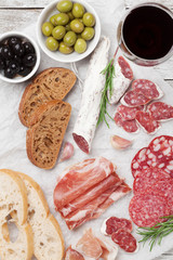Salami, ham, sausage, prosciutto and wine
