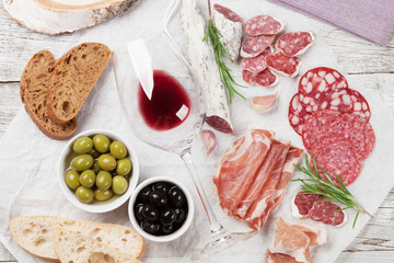 Salami, sausage, prosciutto and wine