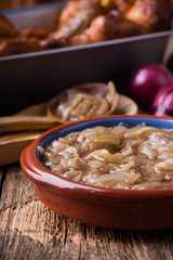Onion gravy, sauce served with sausages
