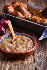 Onion gravy, sauce served with sausages