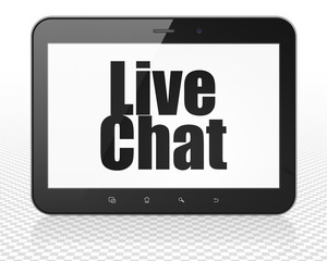 Web development concept: Tablet Pc Computer with black text Live Chat on display, 3D rendering