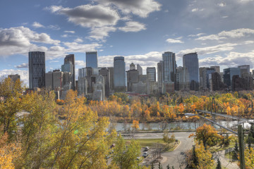 Calgary, Alberta skyline with autumn foliage