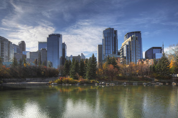 Fototapeta na wymiar Calgary, Canada skyline with autumn foliage