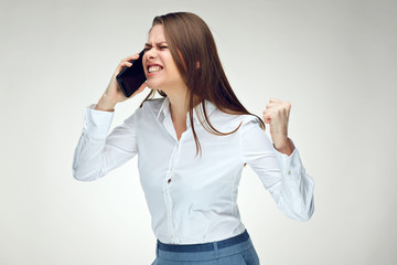 Angry Boss businesswoman emotional shouting with mobile phone.