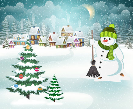 Winter village with snowman and christmas tree