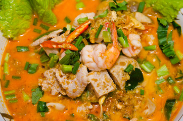 Thai style noodle, tom yum kung,Noodles seefood spicy Tom yum