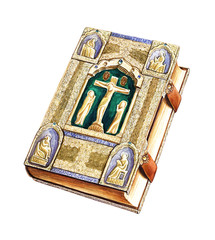 Watercolor illustration of ornate old bible isolated on white background. Beautiful Bible with ornate cover. Symbol of christian faith.