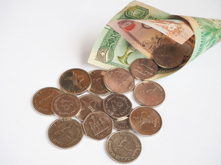 UAE dirham currency notes and coins.
