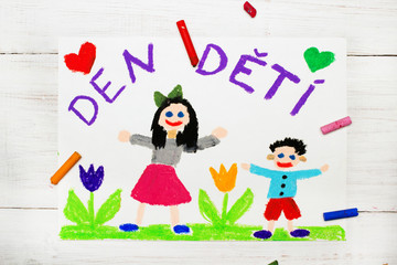 Obraz na płótnie Canvas Colorful drawing: Children's day card with Czech words: Children's Day