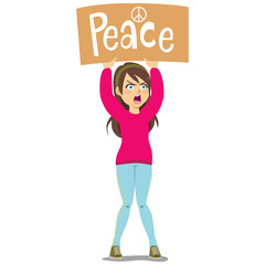 Young woman marching in protest with cardboard banner peace text screaming angry