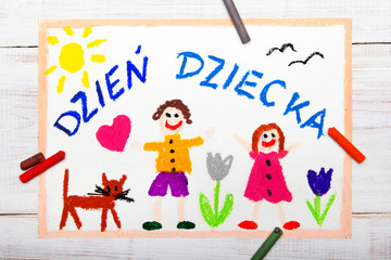 Fototapeta na wymiar Colorful drawing: Children's day card with Polish words Children's day