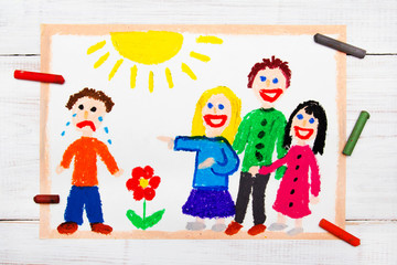 Colorful drawing: Group of children laughing at a crying boy. School violence