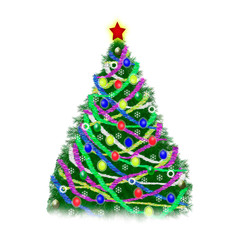 Christmas tree with decorations and tinsel on white background