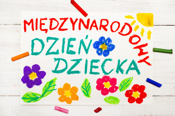 Colorful drawing: Children's day card with Polish words Children's day