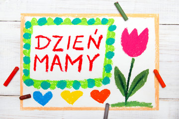 Colorful drawing: Happy Mother's Day Card with Polish words: Mother's day