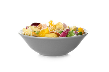 Bowl with delicious potato salad on white background