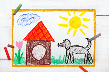 Colorful drawing: black big dog and doghouse