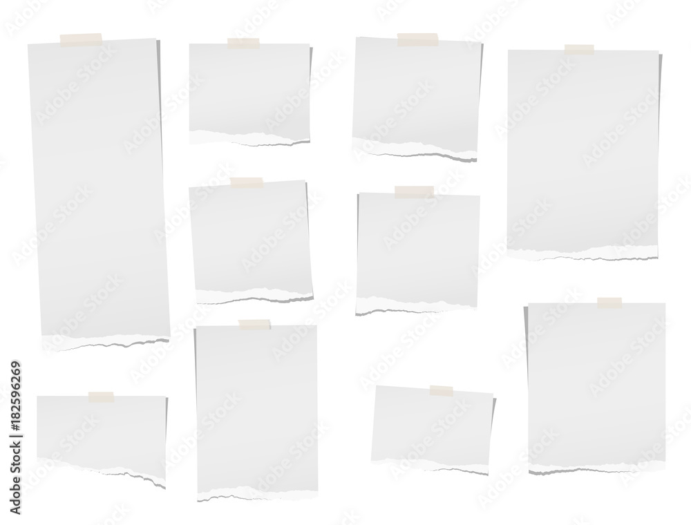 Poster torn, note, notebook, copybook paper sheets for text or message stuck with sticky tape on white back
