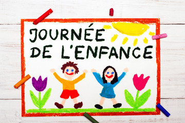 Obraz na płótnie Canvas Colorful drawing: Children's day card with French words Children's day