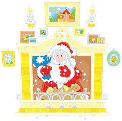 Santa Claus with his gift bag looking out of the fireplace