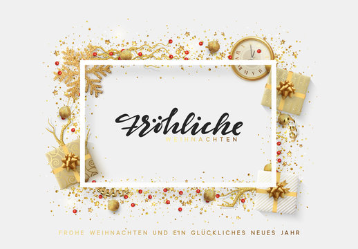 German text Frohliche Weihnachten. Christmas bright background with golden Xmas decorations. Merry christmas and Happy New Year greeting card. Elegant Holiday Frame