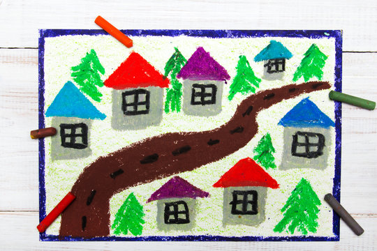 Colorful drawing : village and road