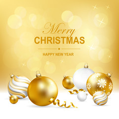 Merry Christmas and Happy New Year card with christmas balls and gift boxes on snow.  Vector illustration.