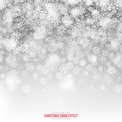 Christmas Snow Vector Effect with Realistic Falling Snowflakes and Lights Overlay on Light Silver Background. Xmas Holiday Decoration. Winter 3D Illustration