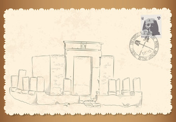 vector retro card with florid edges out of Egypt with a graphic picture of the historical monument. Postage stamp with Pharaoh and damping of the geographical society