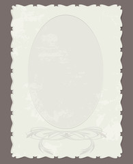 vector retro vertical cardboard photo frame with embossed ornament edges, patterns, and spots of old age. oval window photos