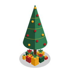 Festive vector cartoon decorated Christmas tre with gifts. Christmas tree decorated with round red and yellow balls and garland. Vector illustration isolated on white background in isometric