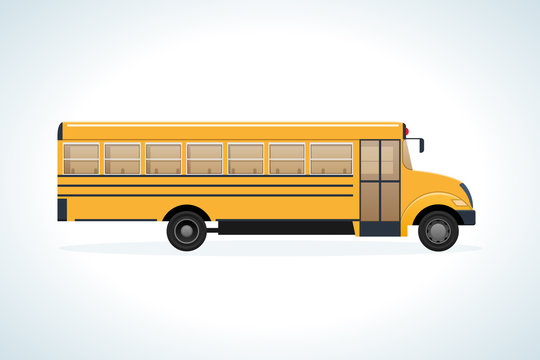 Modern transport machine, side view. Children on school bus.