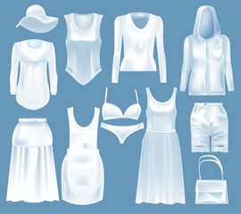 Set mockup of women s clothes. White variant template fashion clothes.