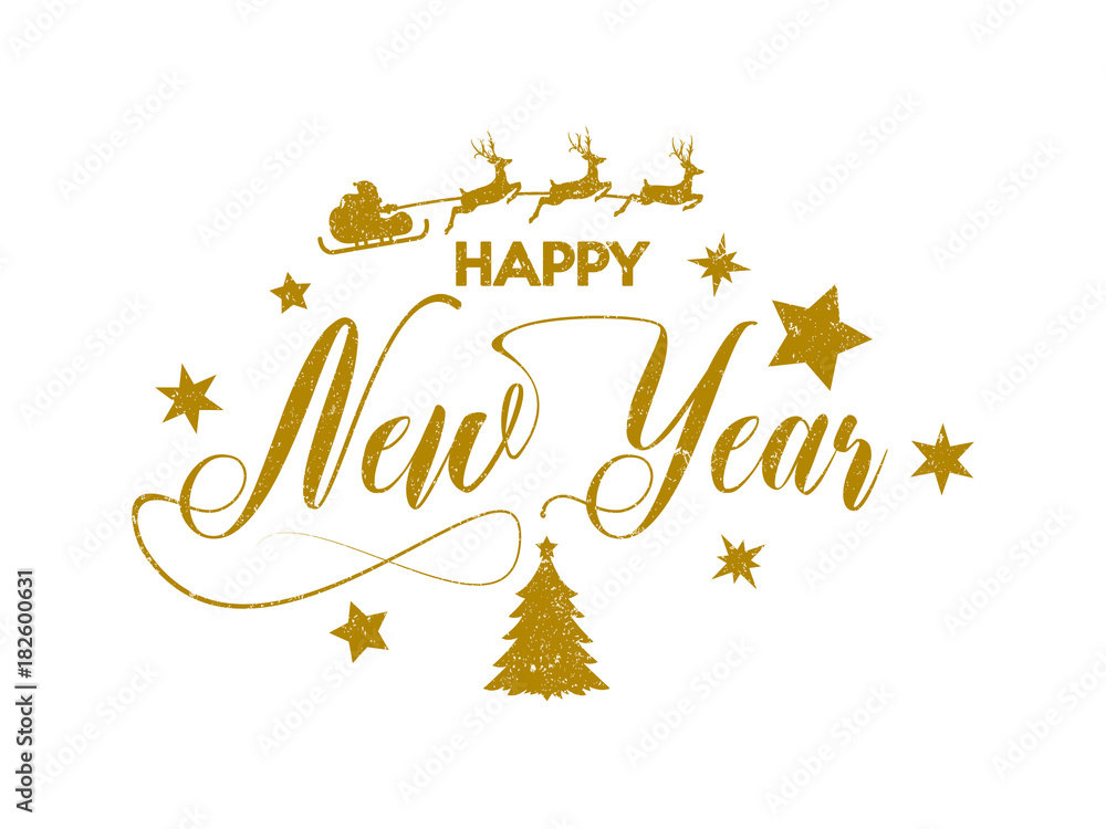 Canvas Prints gold happy new year inscription decorated with stars and santa claus. vector illustration.