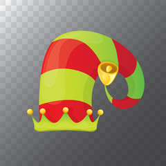 vector funky red and green stripped cartoon christmas elf hat isolated on transparent background. vector kids colorful elf hat icon or label. Christmas decorative design element