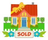 Just Sold - Cute house with a ribbon wrapped around it and a sold sign. Eps10