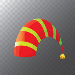 vector funky red and green stripped cartoon christmas elf hat isolated on transparent background. vector kids colorful elf hat icon or label. Christmas decorative design element