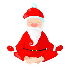Santa Claus sits in a lotus position. Santa Claus is engaged in yoga. Vector illustration in cartoon style. Santa isolated on white background