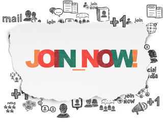 Fototapeta premium Social network concept: Painted multicolor text Join now! on Torn Paper background with Hand Drawn Social Network Icons