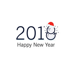Happy new year and merry christmas 2018 sign. Greeting card with happy snowman standing in red christmas hat.